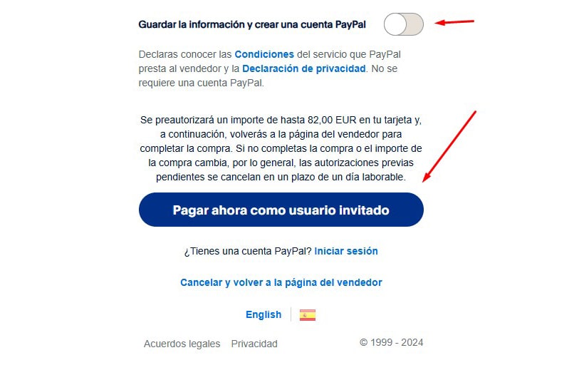 Pagar con tarjeta de crédito como invitado en PayPal